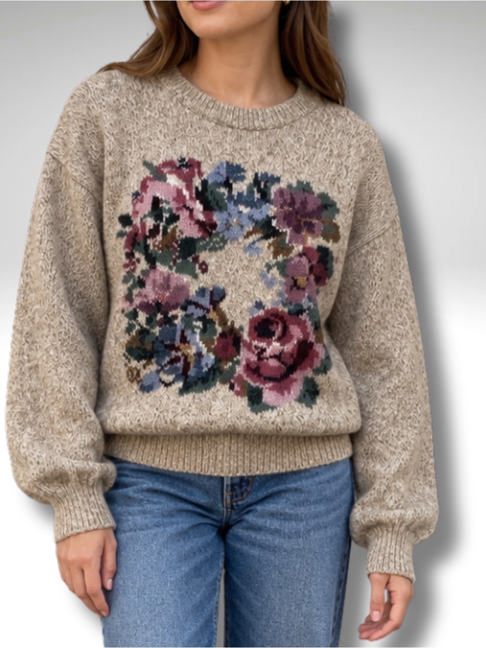 Vintage Eddie Bauer Floral Wreath Wool Blend Sweater L Oatmeal Cottagecore